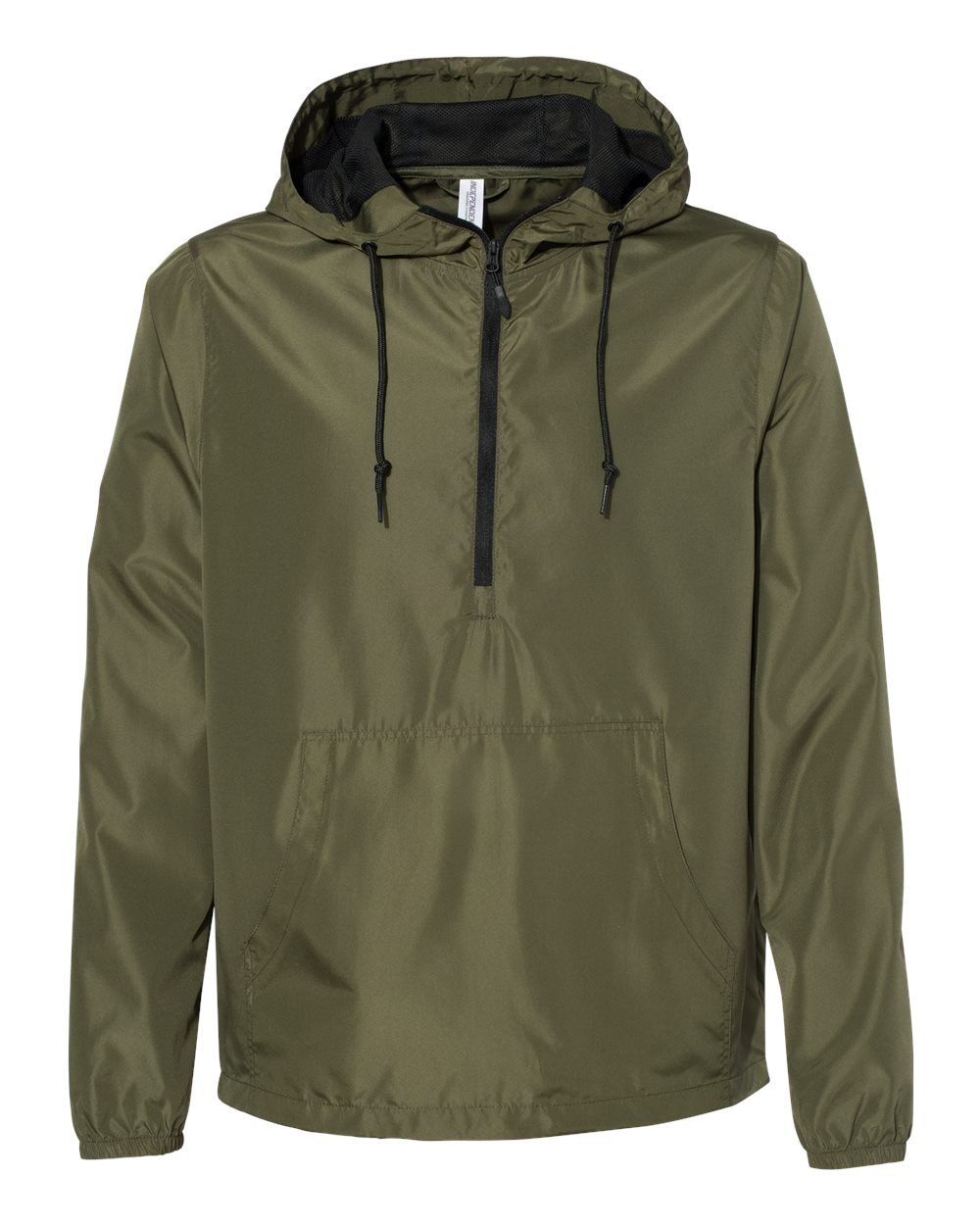 Independent Trading Co. Lightweight Windbreaker Pullover Jacket in Army/Black Zipper
