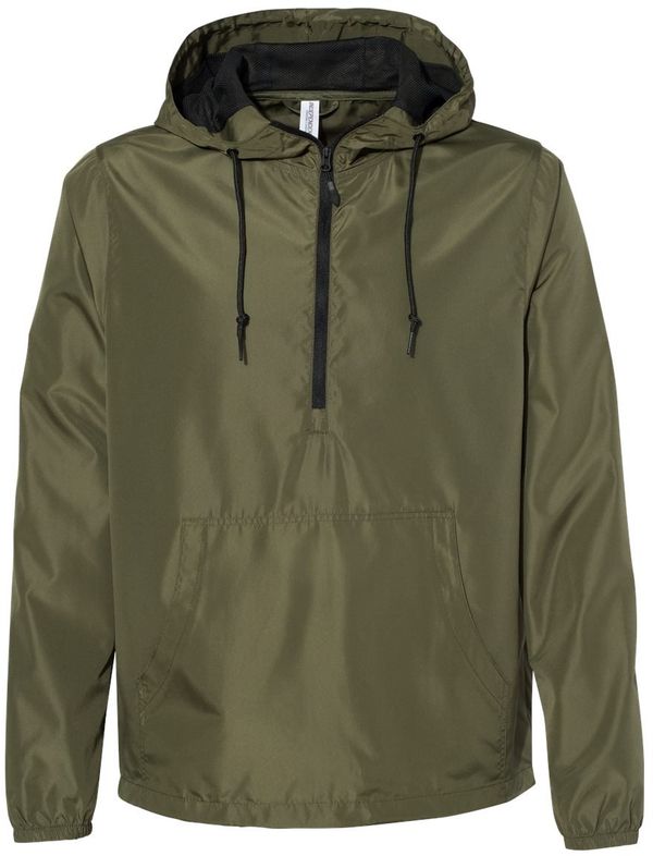 Am image of a Custom Independent Trading Co. Lightweight Windbreaker Pullover Jacket in Army/Black Zipper!
