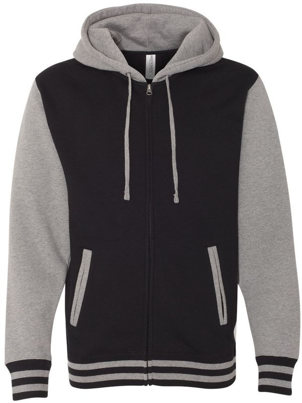 Am image of a Custom Independent Trading Co Unisex Varsity Full Zip Hooded Sweatshirt in Black/ Gunmetal Heather!