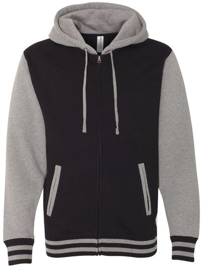 Am image of a Custom Independent Trading Co Unisex Varsity Full Zip Hooded Sweatshirt in Black/ Gunmetal Heather!