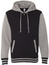 Am image of a Custom Independent Trading Co Unisex Varsity Full Zip Hooded Sweatshirt in Black/ Gunmetal Heather!