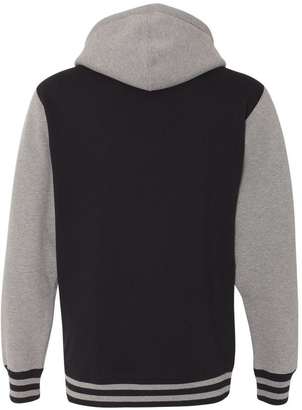 Am image of a Custom Independent Trading Co Unisex Varsity Full Zip Hooded Sweatshirt in Black/ Gunmetal Heather!