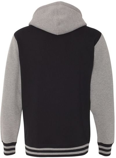 Am image of a Custom Independent Trading Co Unisex Varsity Full Zip Hooded Sweatshirt in Black/ Gunmetal Heather!