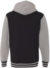 Am image of a Custom Independent Trading Co Unisex Varsity Full Zip Hooded Sweatshirt in Black/ Gunmetal Heather!