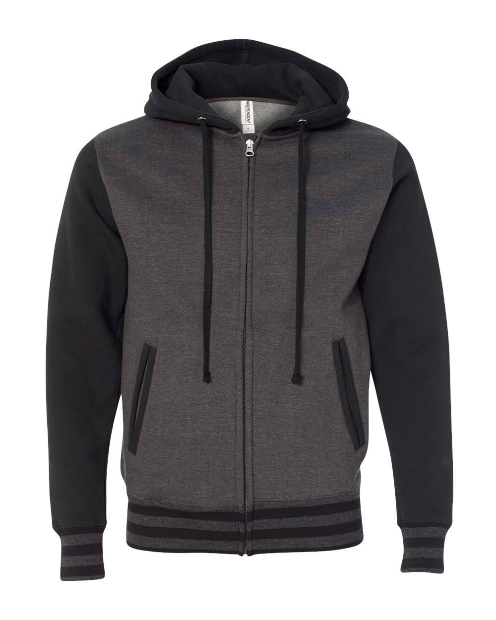 Independent Trading Co Unisex Varsity Full Zip Hooded Sweatshirt in Charcoal Heather/ Black