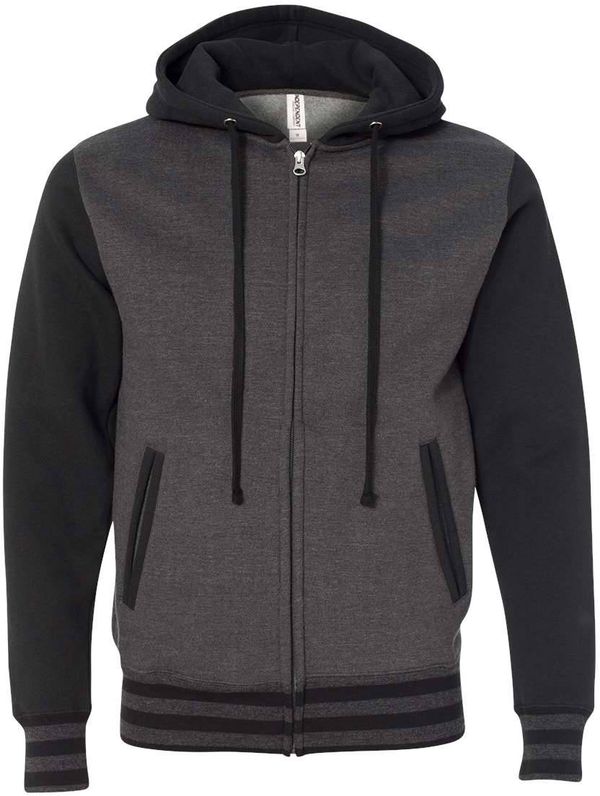 Am image of a Custom Independent Trading Co Unisex Varsity Full Zip Hooded Sweatshirt in Charcoal Heather/ Black!