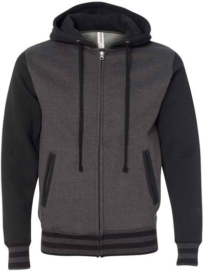 Am image of a Custom Independent Trading Co Unisex Varsity Full Zip Hooded Sweatshirt in Charcoal Heather/ Black!