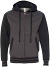Am image of a Custom Independent Trading Co Unisex Varsity Full Zip Hooded Sweatshirt in Charcoal Heather/ Black!