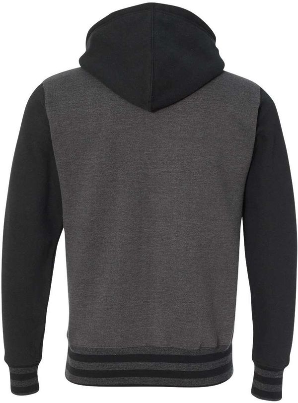 Am image of a Custom Independent Trading Co Unisex Varsity Full Zip Hooded Sweatshirt in Charcoal Heather/ Black!