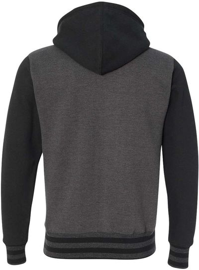 Am image of a Custom Independent Trading Co Unisex Varsity Full Zip Hooded Sweatshirt in Charcoal Heather/ Black!