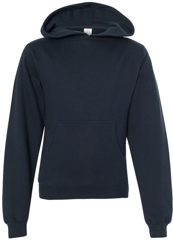 Am image of a Custom Independent Trading Co Youth Midweight Hooded Sweatshirt in Classic Navy!