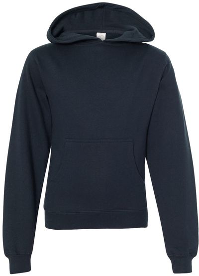 Am image of a Custom Independent Trading Co Youth Midweight Hooded Sweatshirt in Classic Navy!