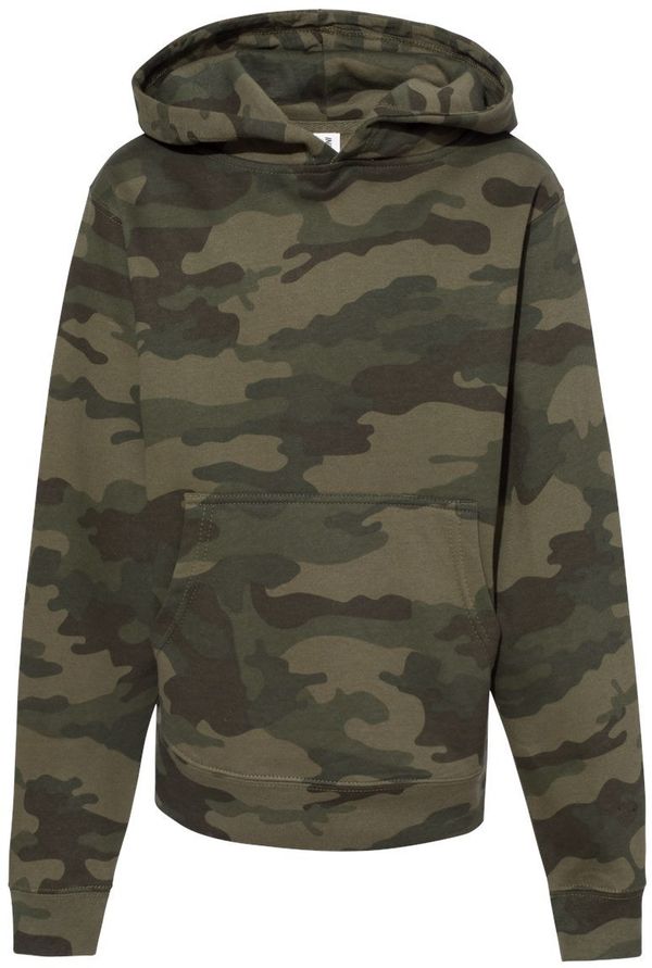 Am image of a Custom Independent Trading Co Youth Midweight Hooded Sweatshirt in Forest Camo!
