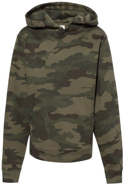 Am image of a Custom Independent Trading Co Youth Midweight Hooded Sweatshirt in Forest Camo!