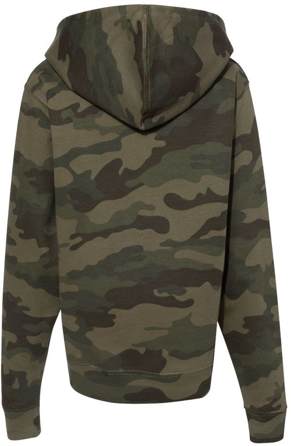 Am image of a Custom Independent Trading Co Youth Midweight Hooded Sweatshirt in Forest Camo!