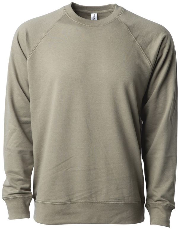 Am image of a Custom Independent Trading Co Icon Unisex Lightweight Loopback Terry Crewneck Sweatshirt in Olive!