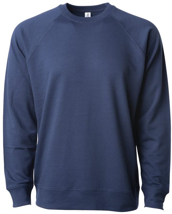 Am image of a Custom Independent Trading Co Icon Unisex Lightweight Loopback Terry Crewneck Sweatshirt in Indigo!