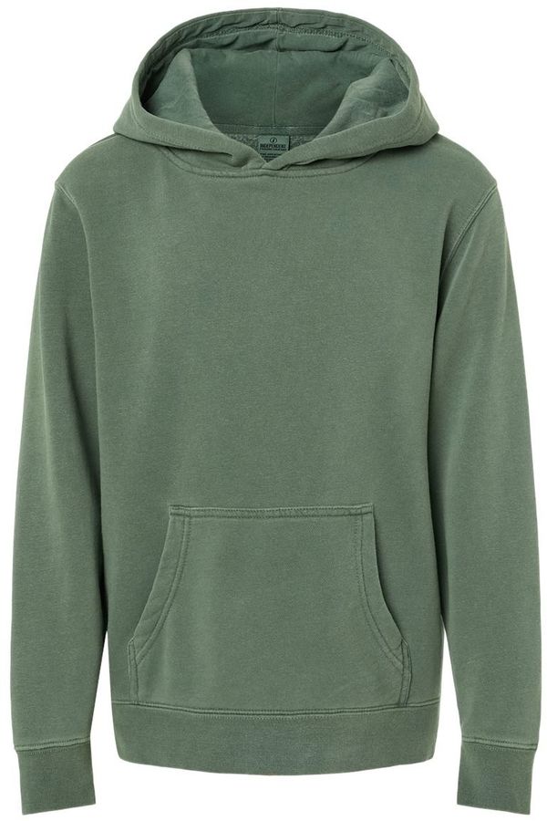 Am image of a Custom Independent Trading Co Youth Midweight Pigment Dyed Hooded Sweatshirt in Pigment Alpine Green!