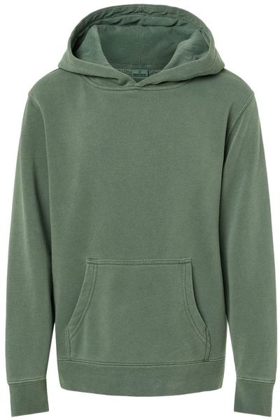 Am image of a Custom Independent Trading Co Youth Midweight Pigment Dyed Hooded Sweatshirt in Pigment Alpine Green!