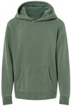 Am image of a Custom Independent Trading Co Youth Midweight Pigment Dyed Hooded Sweatshirt in Pigment Alpine Green!
