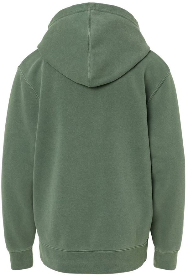 Am image of a Custom Independent Trading Co Youth Midweight Pigment Dyed Hooded Sweatshirt in Pigment Alpine Green!
