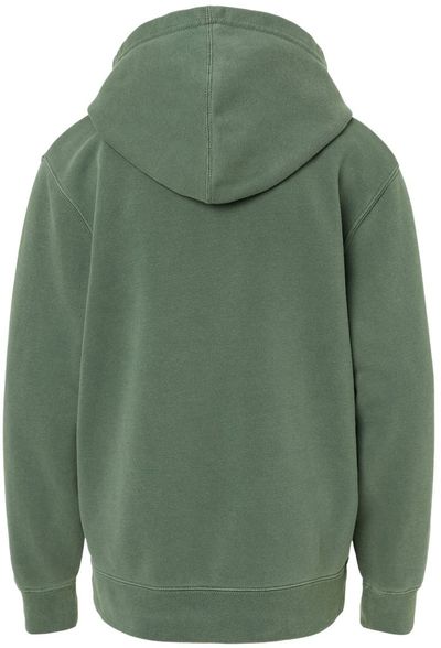 Am image of a Custom Independent Trading Co Youth Midweight Pigment Dyed Hooded Sweatshirt in Pigment Alpine Green!