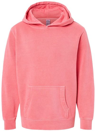 Am image of a Custom Independent Trading Co Youth Midweight Pigment Dyed Hooded Sweatshirt in Pigment Pink!