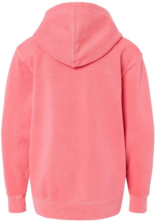 Am image of a Custom Independent Trading Co Youth Midweight Pigment Dyed Hooded Sweatshirt in Pigment Pink!