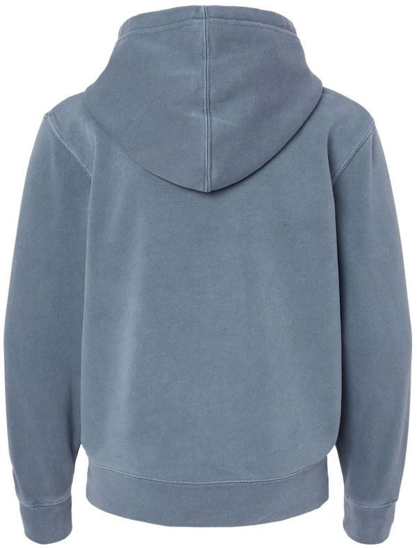 Am image of a Custom Independent Trading Co Youth Midweight Pigment Dyed Hooded Sweatshirt in Pigment Slate Blue!