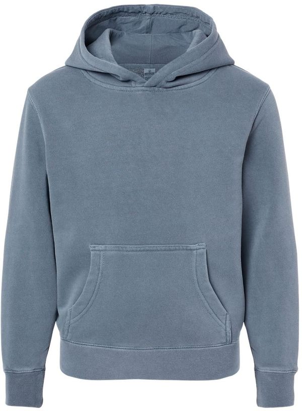 Am image of a Custom Independent Trading Co Youth Midweight Pigment Dyed Hooded Sweatshirt in Pigment Slate Blue!