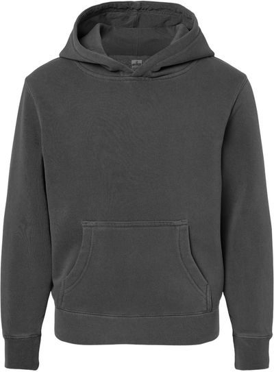 Am image of a Custom Independent Trading Co Youth Midweight Pigment Dyed Hooded Sweatshirt in Pigment Black!