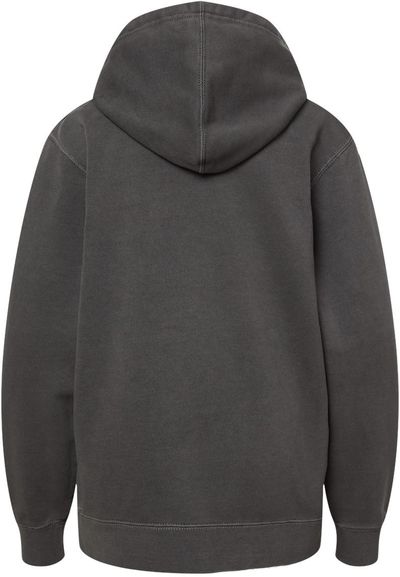 Am image of a Custom Independent Trading Co Youth Midweight Pigment Dyed Hooded Sweatshirt in Pigment Black!