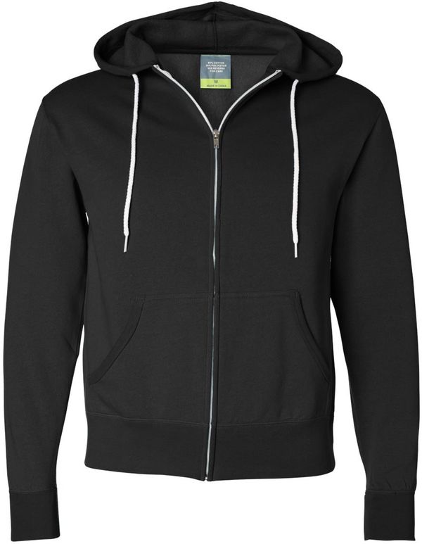 Am image of a Custom Independent Trading Co Unisex Lightweight Full Zip Hooded Sweatshirt in Black!