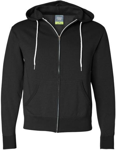 Am image of a Custom Independent Trading Co Unisex Lightweight Full Zip Hooded Sweatshirt in Black!