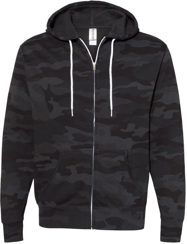 Am image of a Custom Independent Trading Co Unisex Lightweight Full Zip Hooded Sweatshirt in Black Camo!