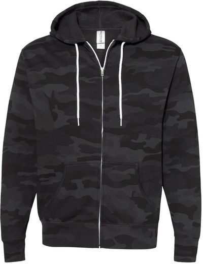 Am image of a Custom Independent Trading Co Unisex Lightweight Full Zip Hooded Sweatshirt in Black Camo!