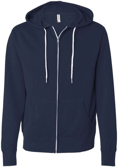 Am image of a Custom Independent Trading Co Unisex Lightweight Full Zip Hooded Sweatshirt in Classic Navy!