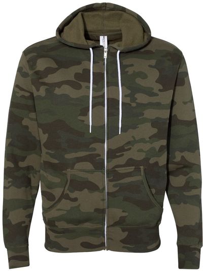 Am image of a Custom Independent Trading Co Unisex Lightweight Full Zip Hooded Sweatshirt in Forest Camo!