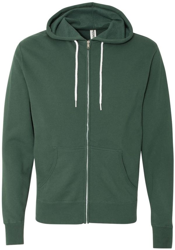 Am image of a Custom Independent Trading Co Unisex Lightweight Full Zip Hooded Sweatshirt in Alpine Green!