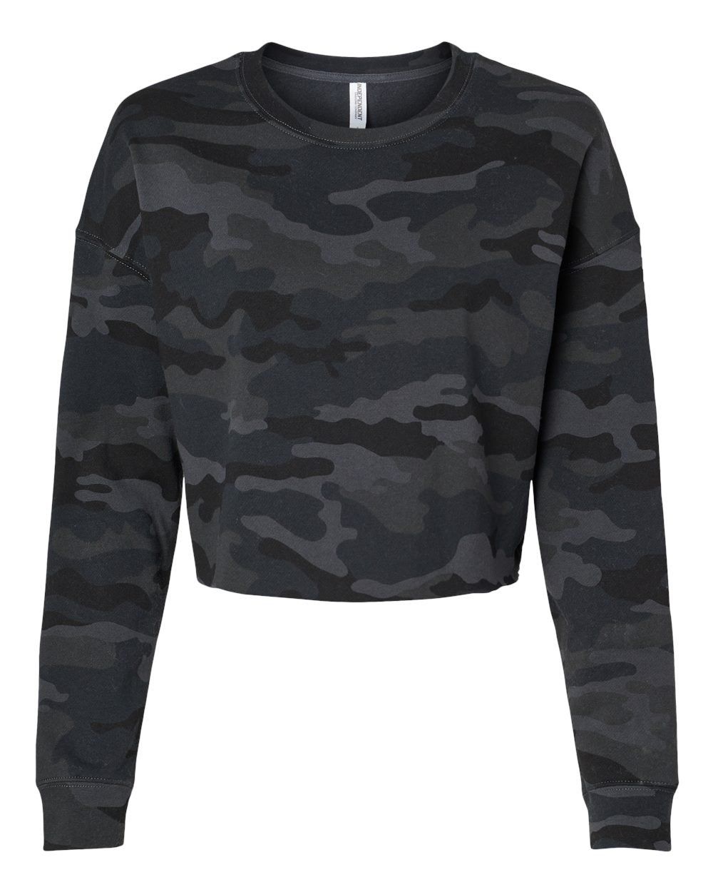 Independent Trading Co Womens Lightweight Crop Crew Pullover in Black Camo