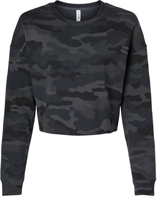 Am image of a Custom Independent Trading Co Womens Lightweight Crop Crew Pullover in Black Camo!