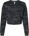 Am image of a Custom Independent Trading Co Womens Lightweight Crop Crew Pullover in Black Camo!
