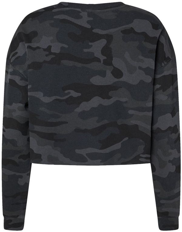 Am image of a Custom Independent Trading Co Womens Lightweight Crop Crew Pullover in Black Camo!