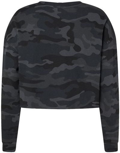 Am image of a Custom Independent Trading Co Womens Lightweight Crop Crew Pullover in Black Camo!