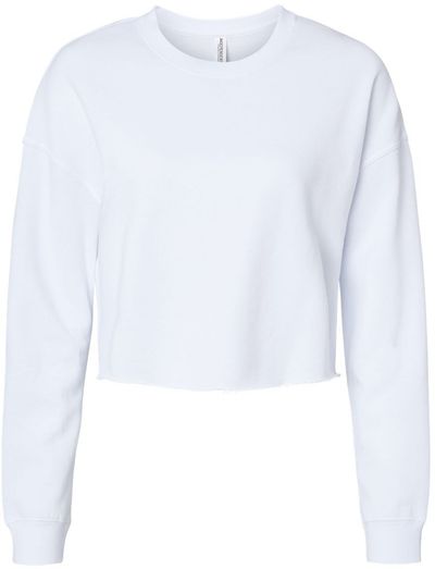 Am image of a Custom Independent Trading Co Womens Lightweight Crop Crew Pullover in White!