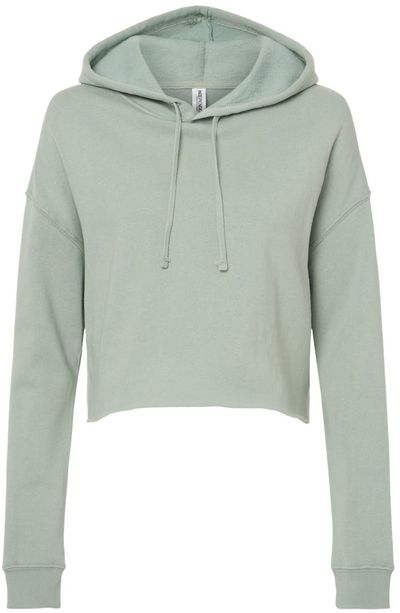Am image of a Custom Independent Trading Co Womens Lightweight Cropped Hooded Sweatshirt in Sage!