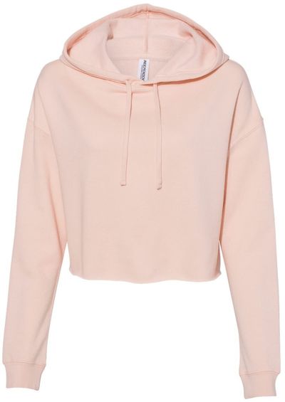 Am image of a Custom Independent Trading Co Womens Lightweight Cropped Hooded Sweatshirt in Blush!