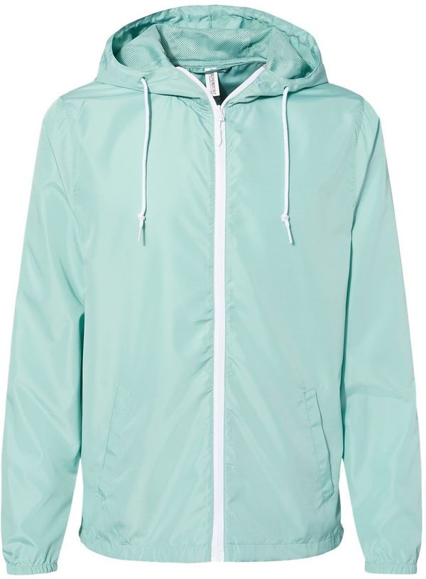 Am image of a Custom Independent Trading Co Lightweight Windbreaker Full Zip Jacket in Aqua/ White Zipper!