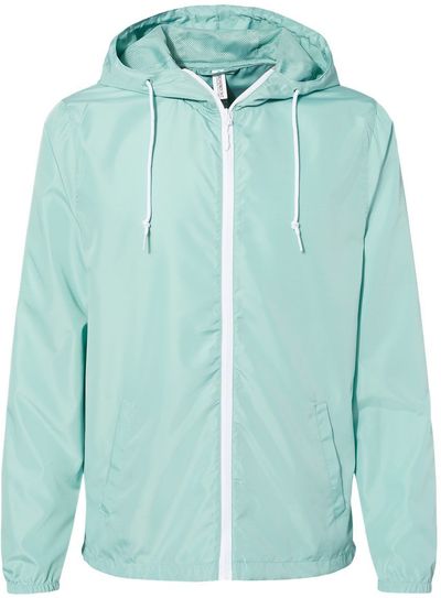 Am image of a Custom Independent Trading Co Lightweight Windbreaker Full Zip Jacket in Aqua/ White Zipper!