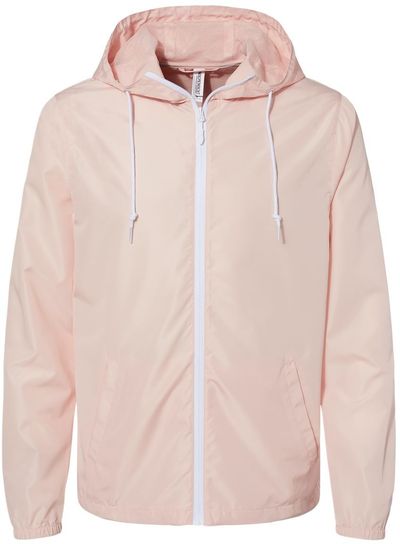 Am image of a Custom Independent Trading Co Lightweight Windbreaker Full Zip Jacket in Blush/ White Zipper!